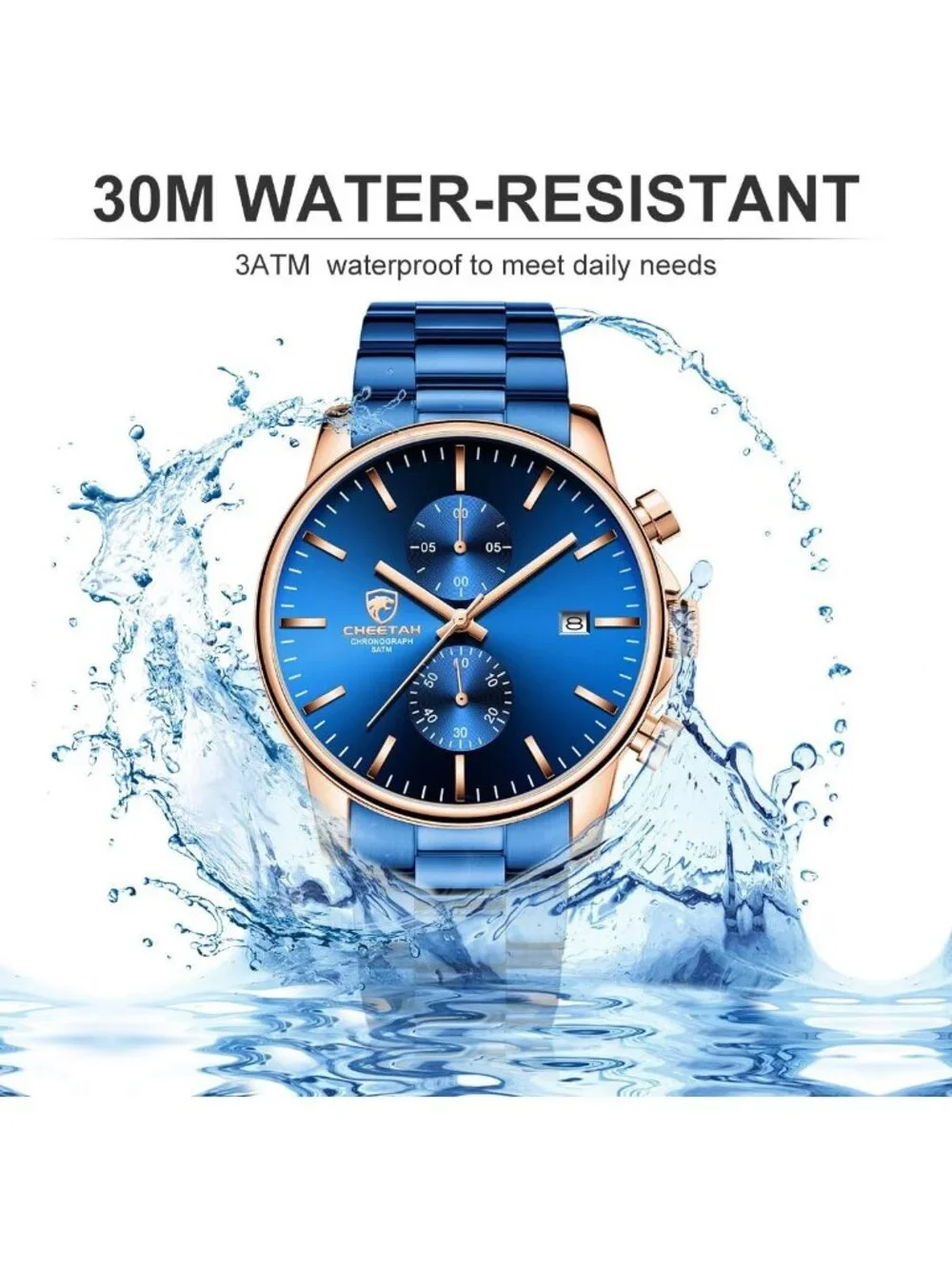 Men's Rose Blue Fashion Stainless Steel Waterproof Chronograph Quartz Watches